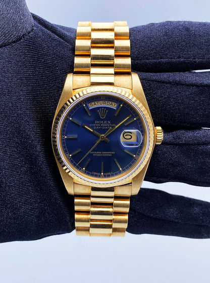 Rolex Day Date 18038 Blue Dial 18K Yellow Gold Mens Watch