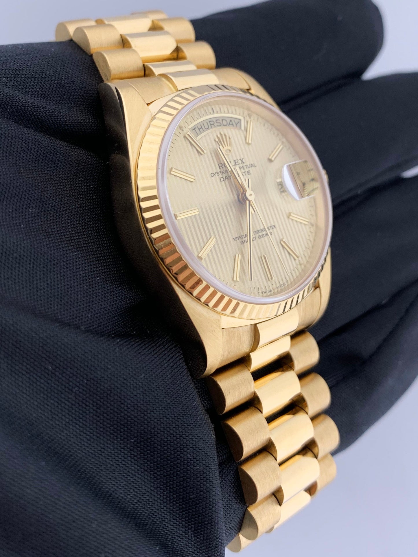 Rolex Day Date 18038 Champagne Tapestry Dial Men's Watch Box & Papers
