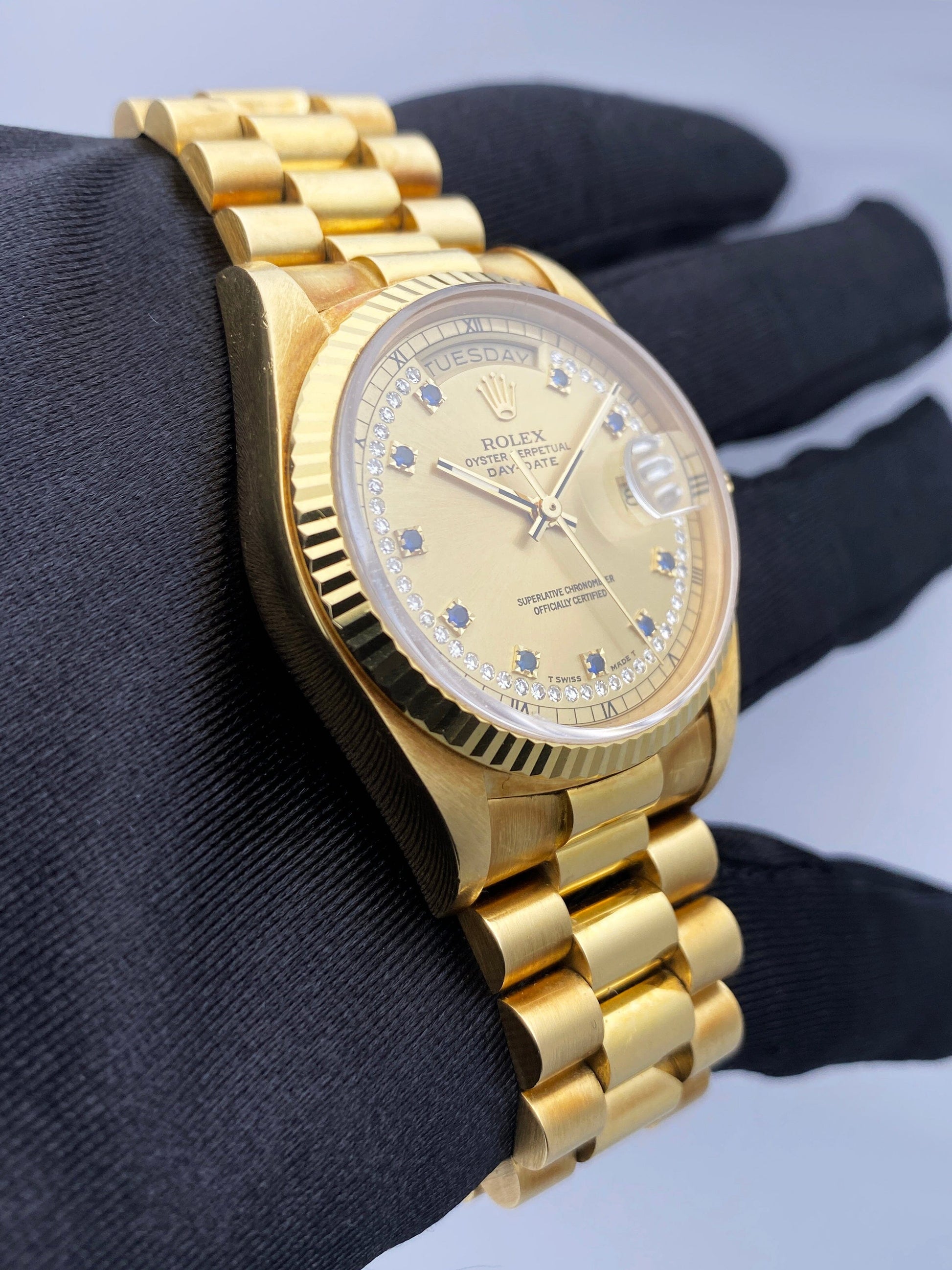 Rolex Day-Date 18038 String Diamond Sapphire Champagne Dial Mens Watch Box Papers