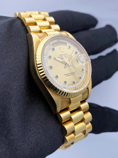 Rolex Day-Date 18038 String Diamond Sapphire Champagne Dial Mens Watch Box Papers