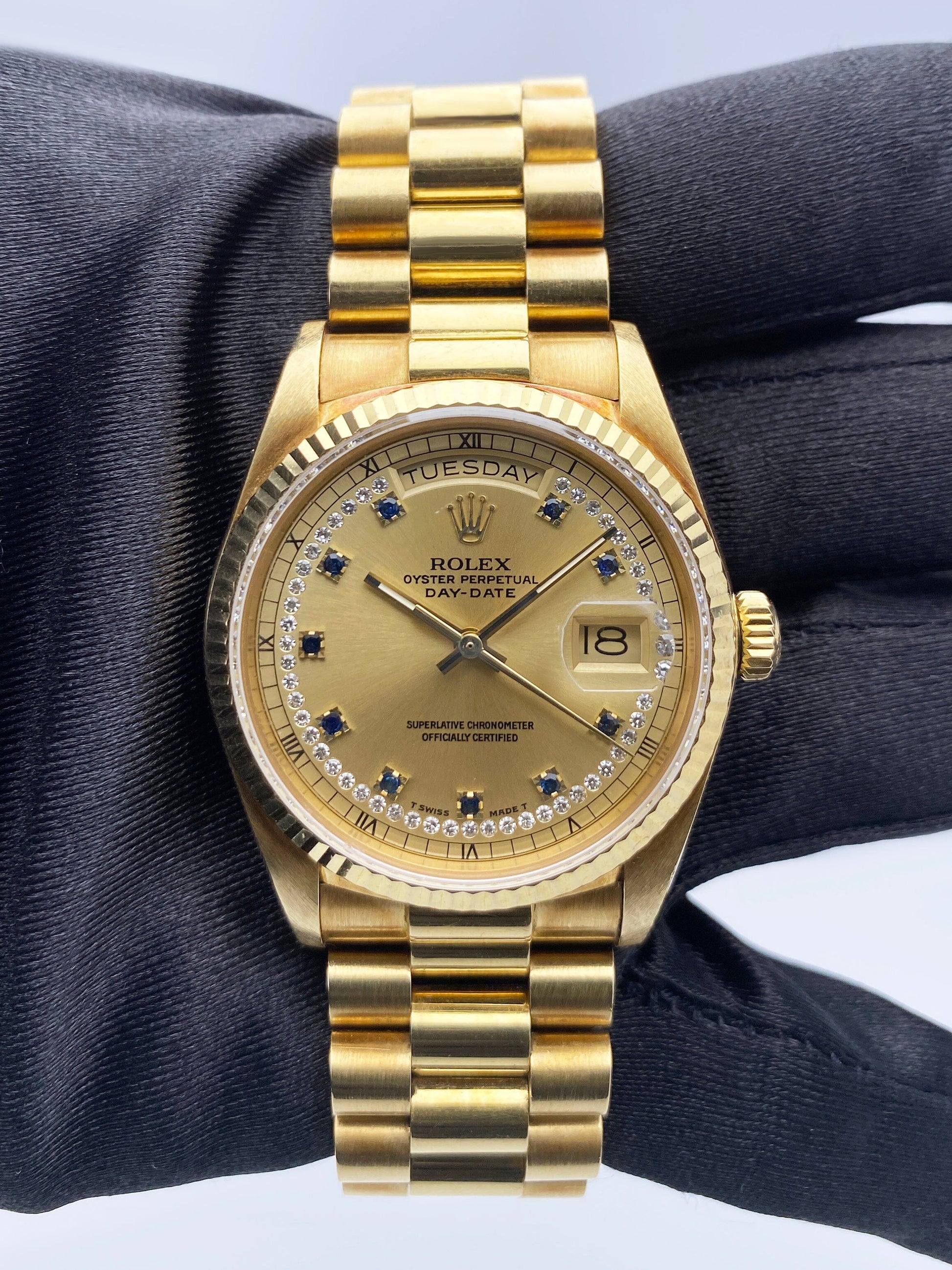 Rolex Day-Date 18038 String Diamond Sapphire Champagne Dial Mens Watch Box Papers