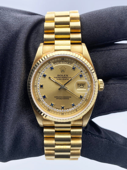 Rolex Day-Date 18038 String Diamond Sapphire Champagne Dial Mens Watch Box Papers