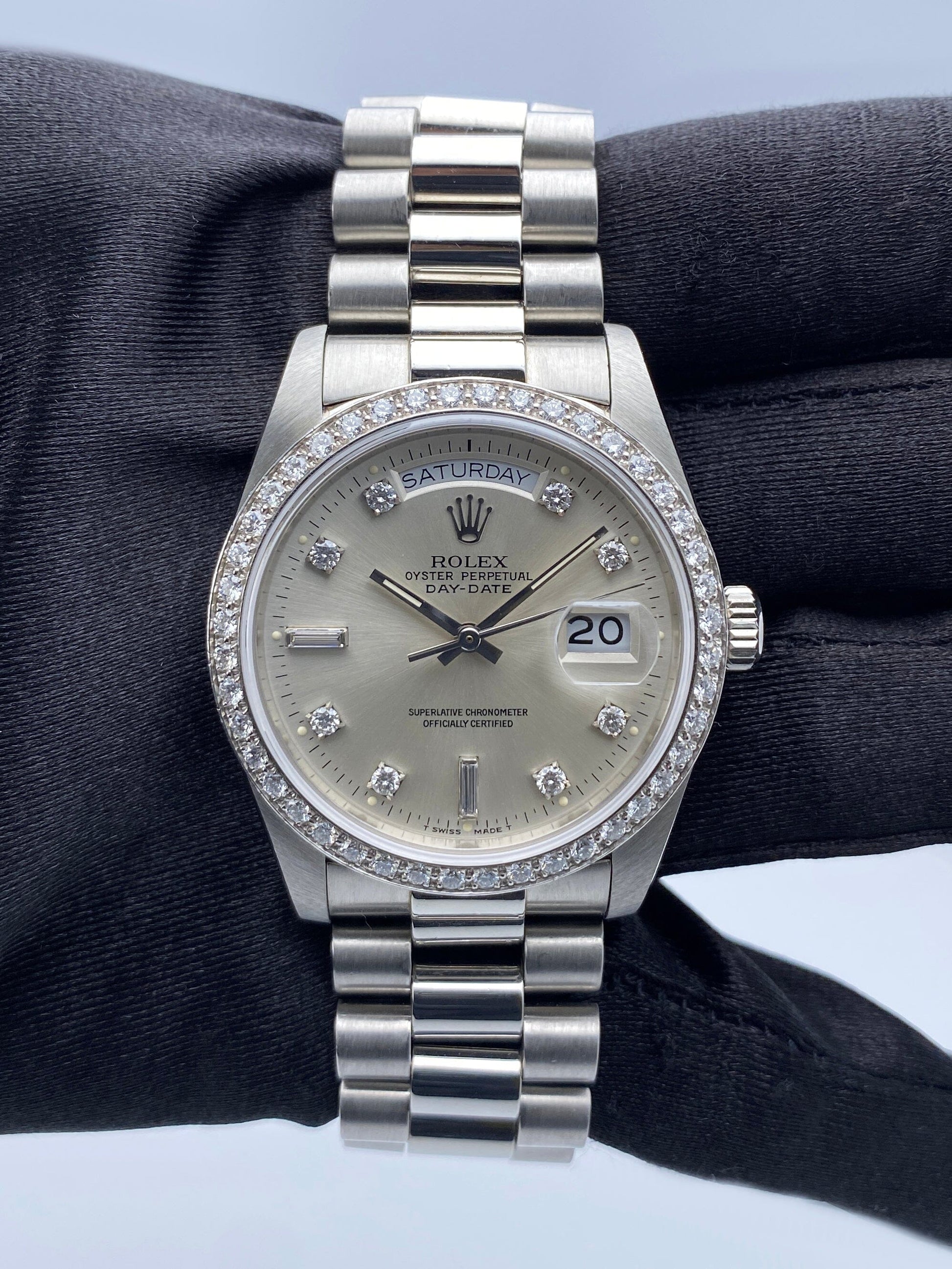 Rolex Day-Date 18046 Diamond Silver Dial Platinum Mens Watch