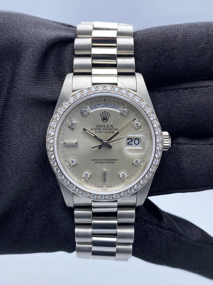 Rolex Day-Date 18046 Diamond Silver Dial Platinum Mens Watch