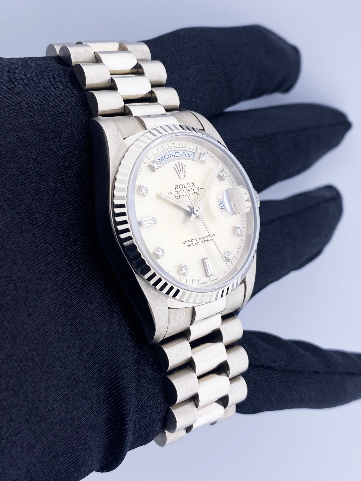 Rolex Day Date 18239 18K White Gold Diamond Dial Mens Watch - Wristwatch