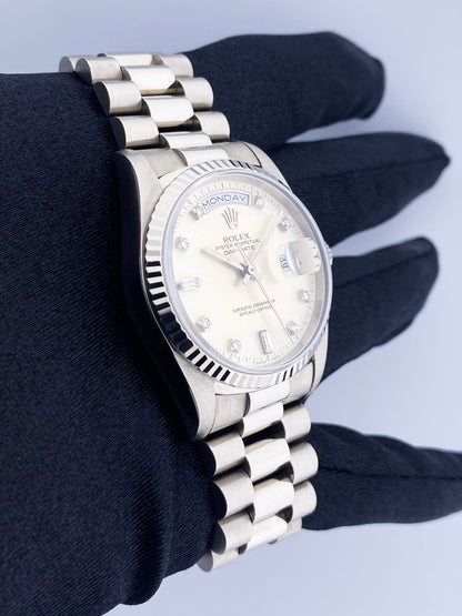 Rolex Day Date 18239 18K White Gold Diamond Dial Mens Watch - Wristwatch