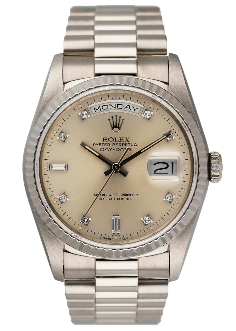Rolex Day Date 18239 18K White Gold Diamond Dial Mens Watch - Wristwatch