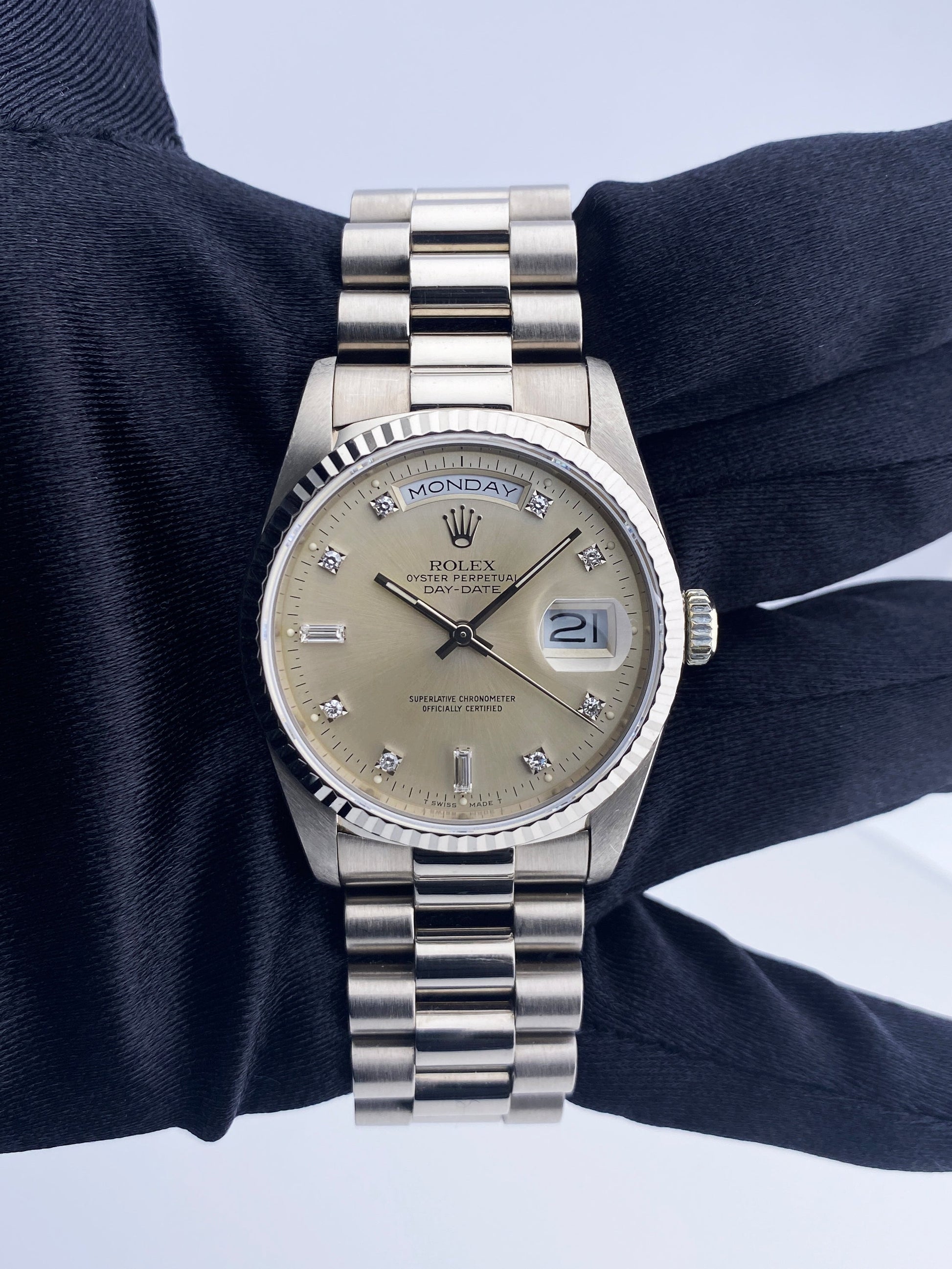 Rolex Day Date 18239 18K White Gold Diamond Dial Mens Watch - Wristwatch