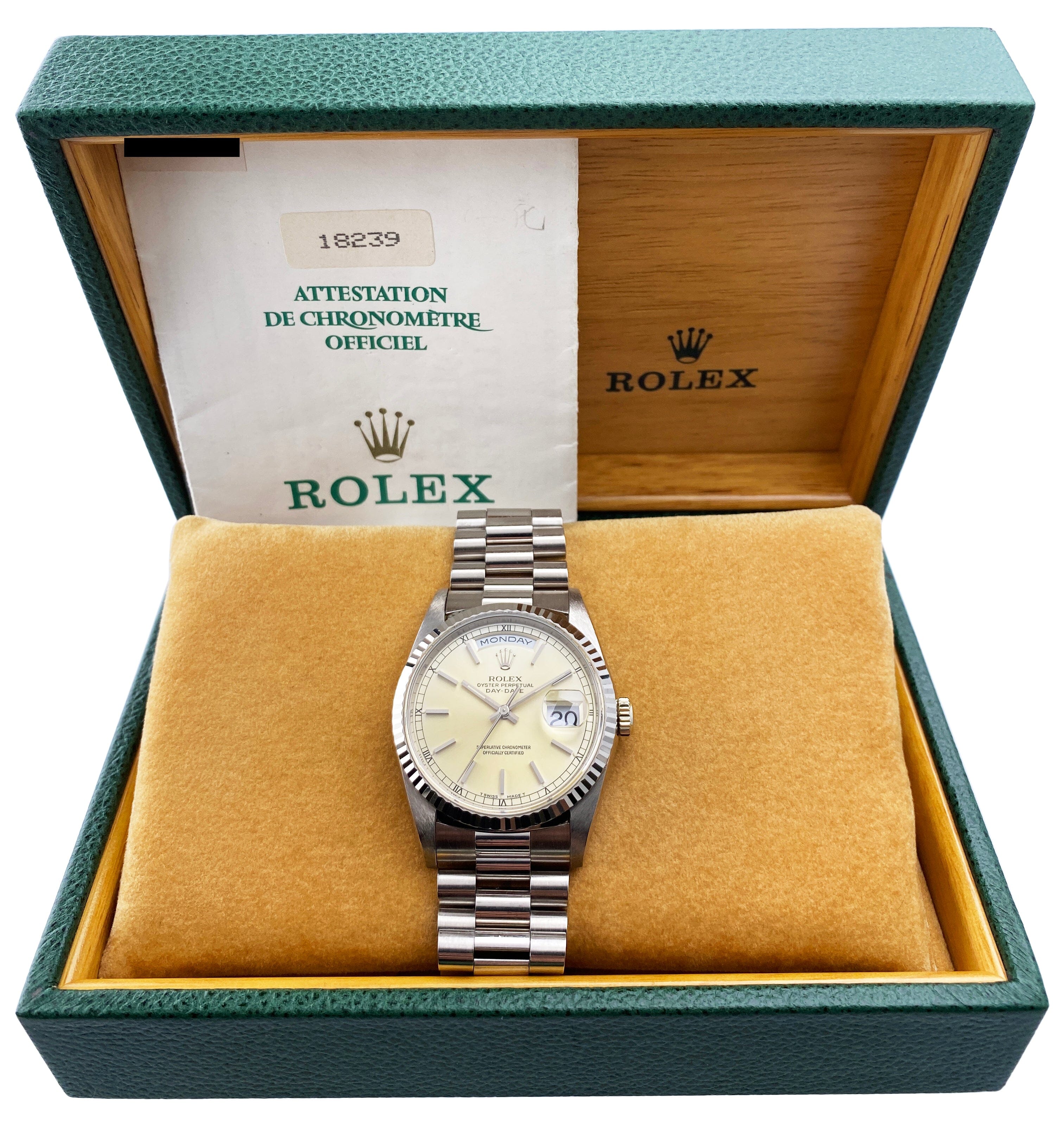 Rolex Day Date 18239 18K White Gold Mens Watch Box Papers – Phigora
