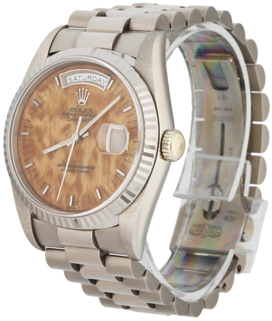 Rolex Day Date 18239 18K White Gold Wood Dial Men’s Watch Mint - Wristwatch