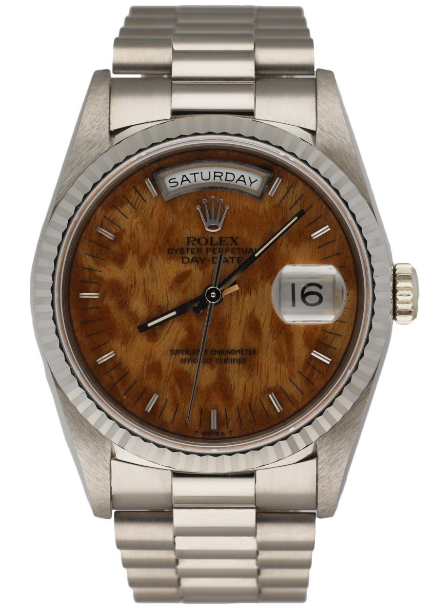 Rolex Day Date 18239 18K White Gold Wood Dial Men’s Watch Mint - Wristwatch