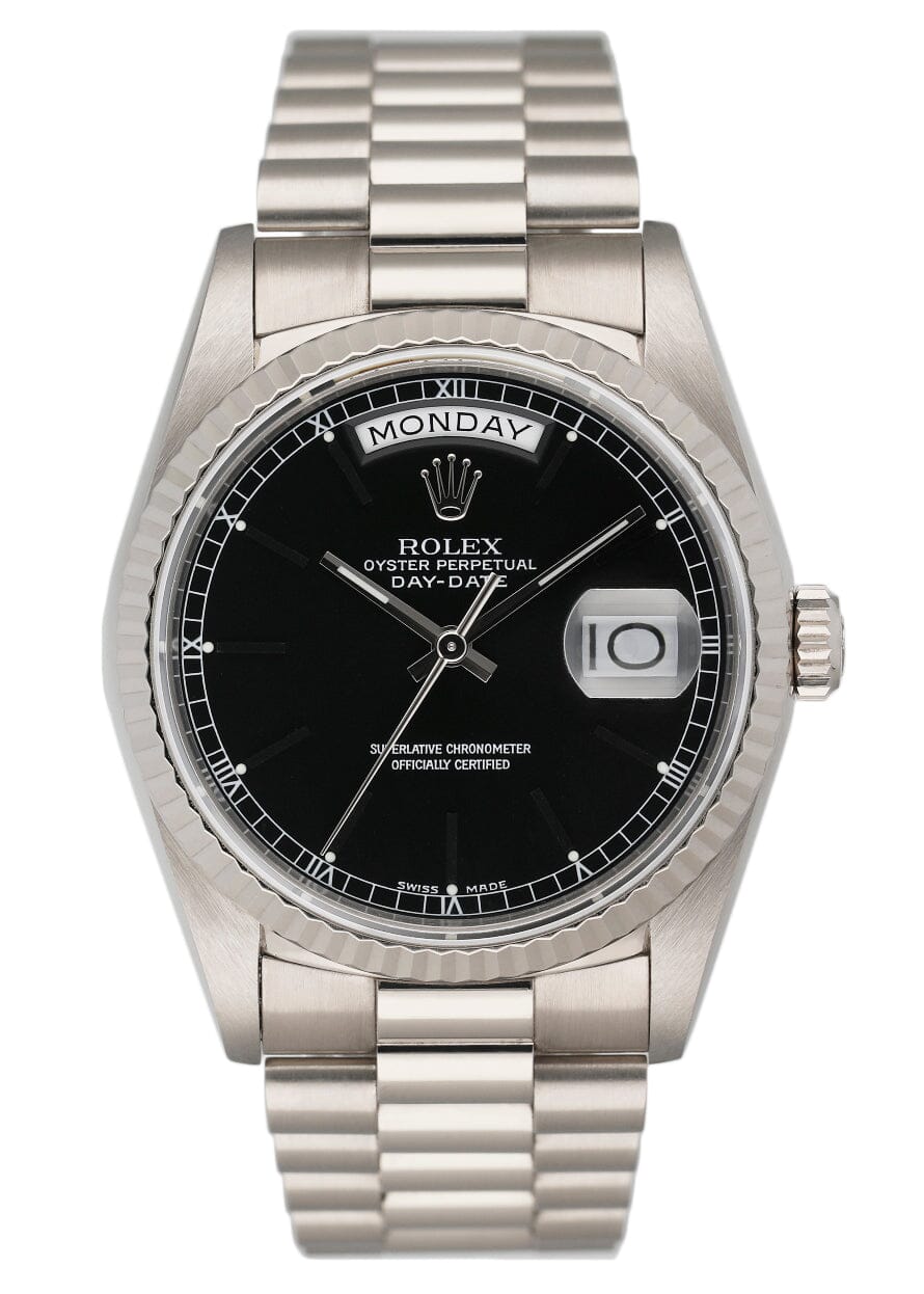 Rolex Day-Date 18239 Black Dial 18K White Gold Mens Watch Box Papers - Virtual