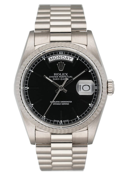Rolex Day-Date 18239 Black Dial 18K White Gold Mens Watch Box Papers - Virtual