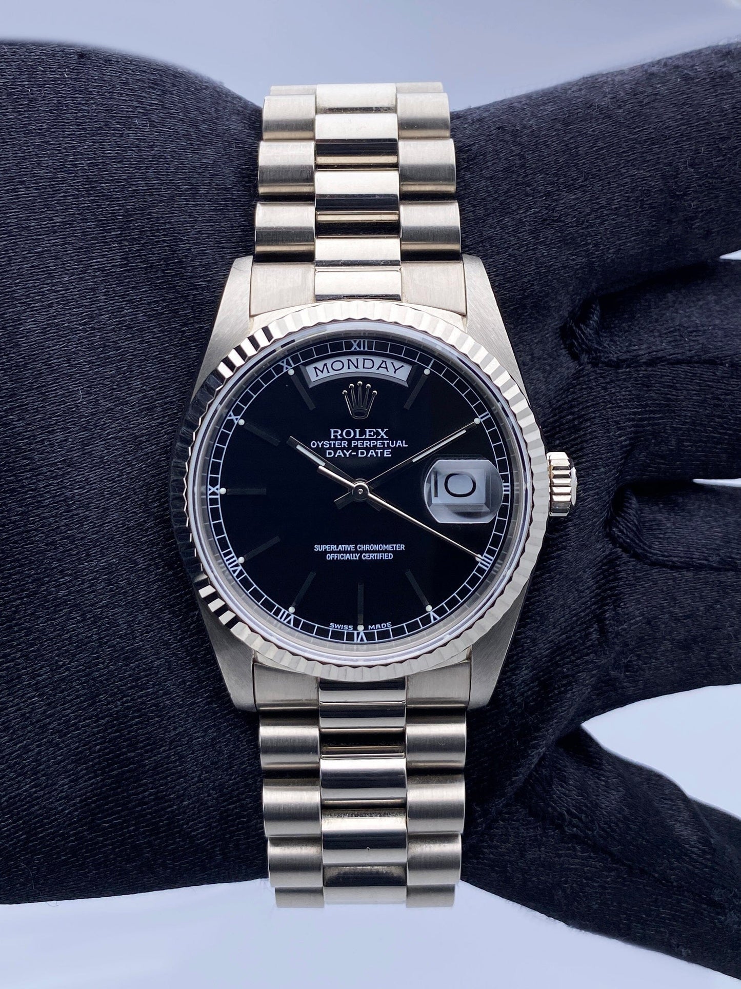 Rolex Day-Date 18239 Black Dial 18K White Gold Mens Watch Box Papers - Virtual
