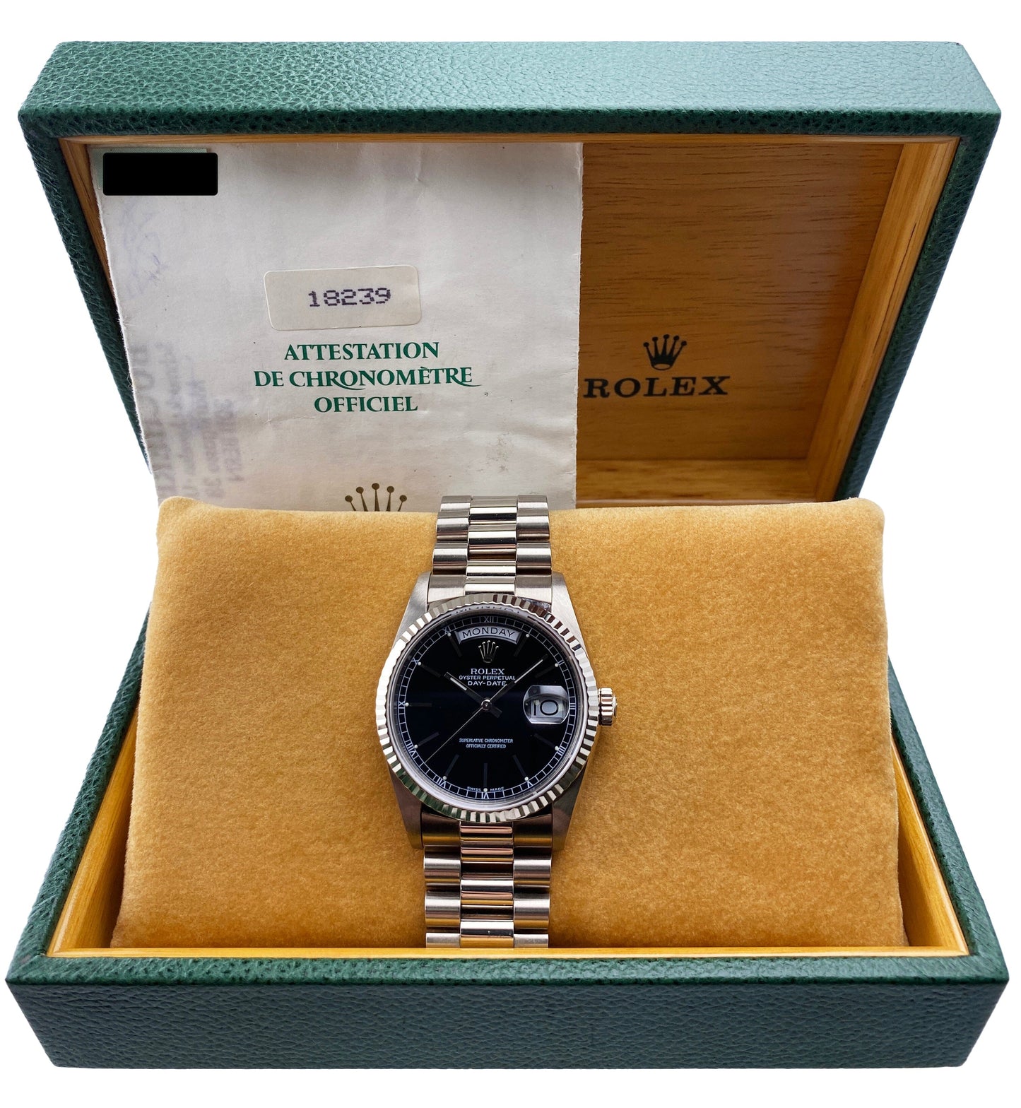 Rolex Day-Date 18239 Black Dial 18K White Gold Mens Watch Box Papers - Virtual
