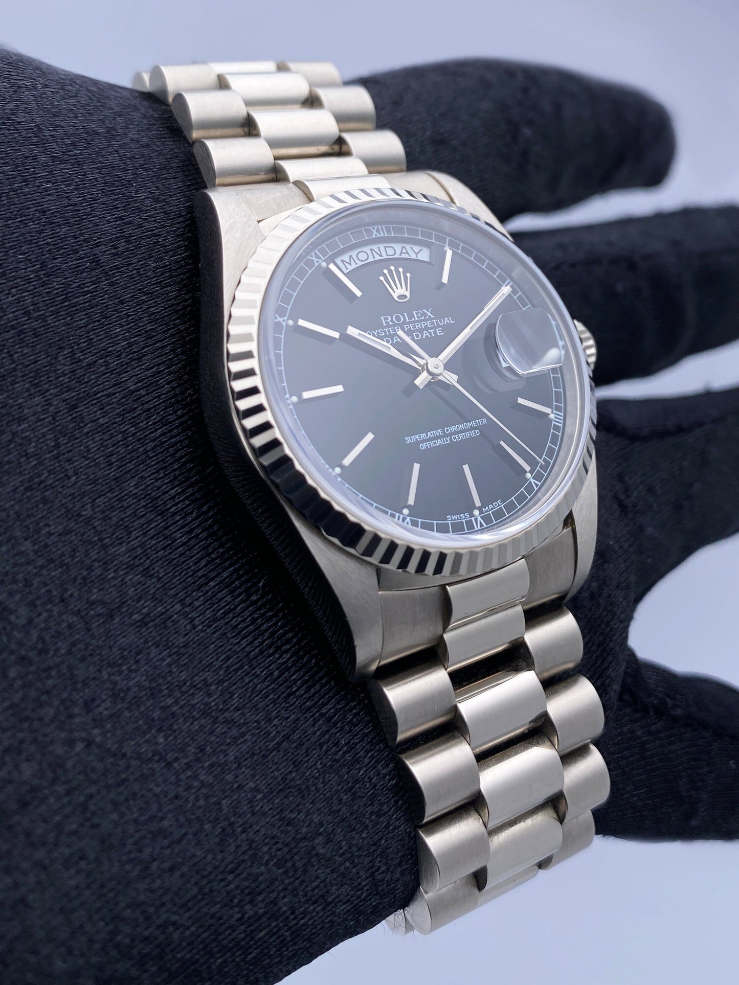 Rolex Day-Date 18239 Black Dial 18K White Gold Mens Watch Box Papers - Virtual