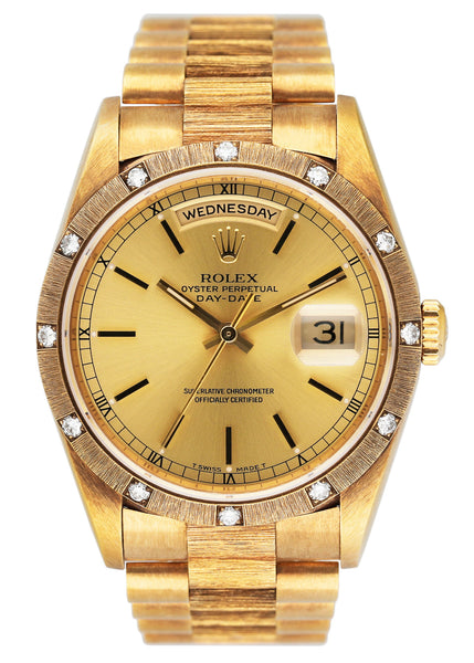 s✯s✯s✯s Rolex Day-Date 18308 Yellow Gold Bark Finish Diamond Bezel