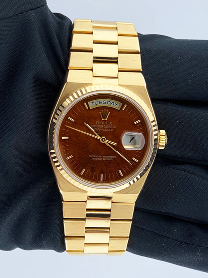 Rolex Day Date Oysterquartz 19018 18K Yellow Gold Wood Dial Mens Watch - Wristwatch