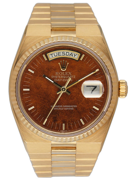 Rolex Day Date Oysterquartz 19018 18K Yellow Gold Wood Dial Mens Watch - Wristwatch