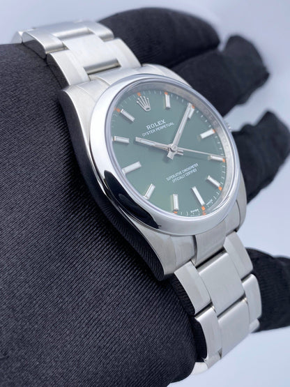 Rolex Oyster Perpetual 114200 Green Dial Mens Watch Box & Papers