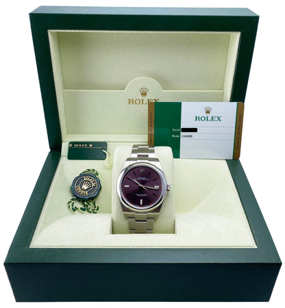 Rolex Oyster Perpetual 114300 Red Grape Dial Mens Watch Box Papers