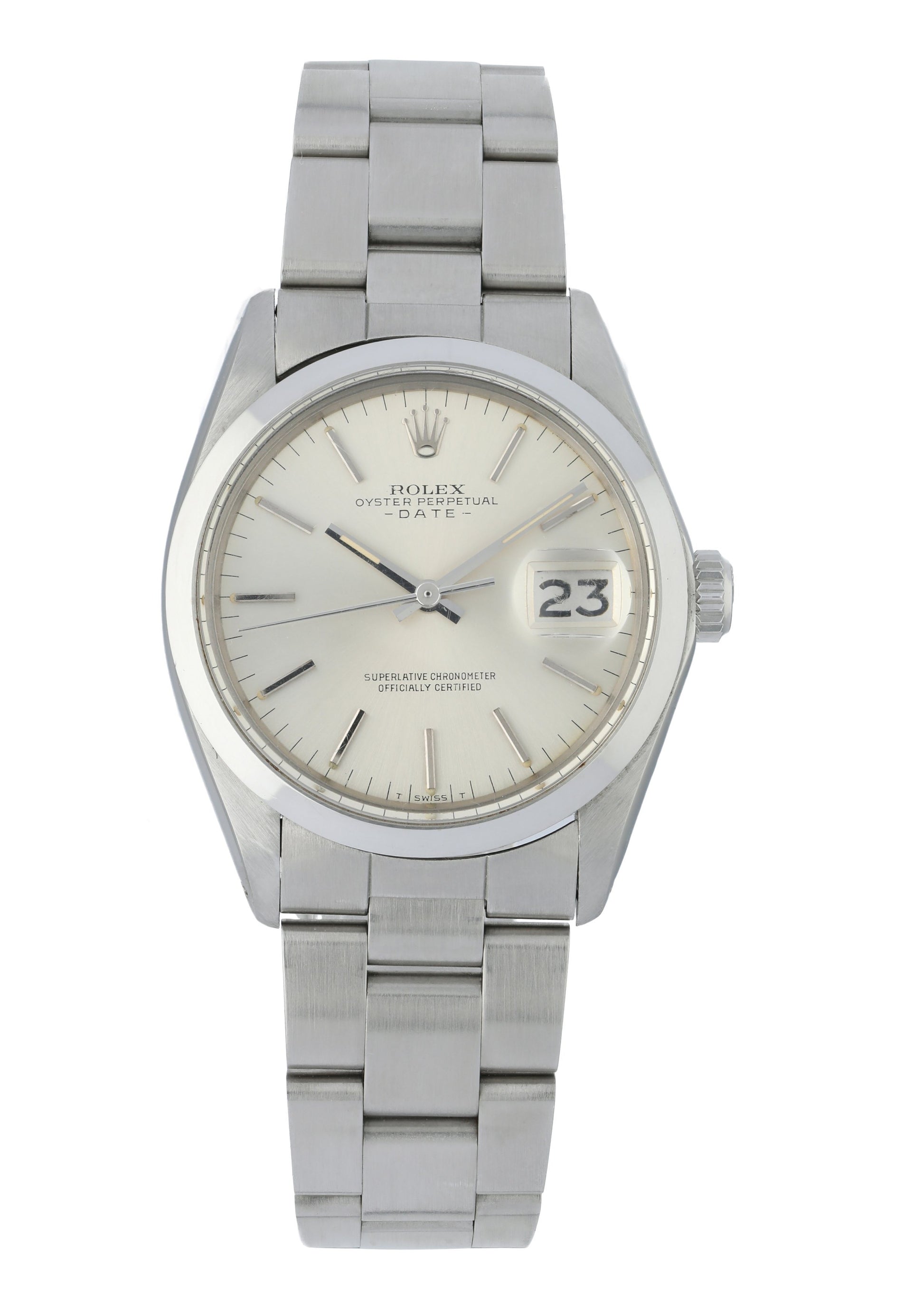 Rolex Oyster Perpetual Date 1500 non quick 34mm steel watch serial 3613598 circa 1974