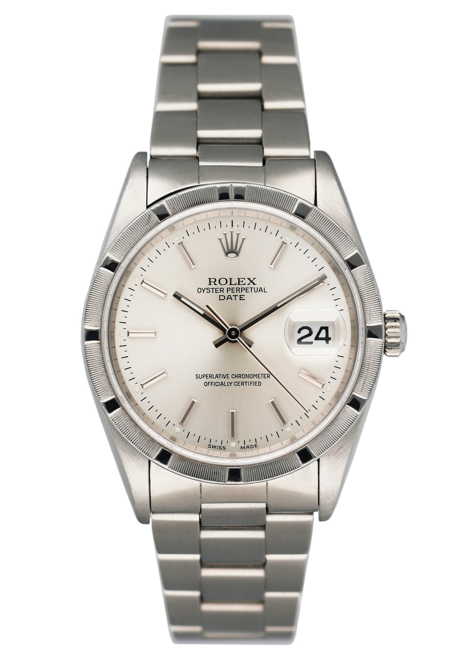 Nuværende Tilslutte Styrke Rolex Oyster Perpetual Date 15210 Silver Dial Mens Watch Box Papers