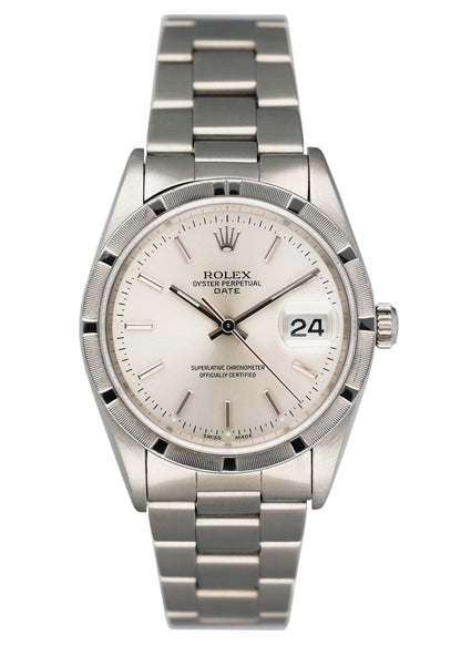 Rolex Oyster Perpetual Date 15210 Silver Dial Mens Watch Box Papers - Watches