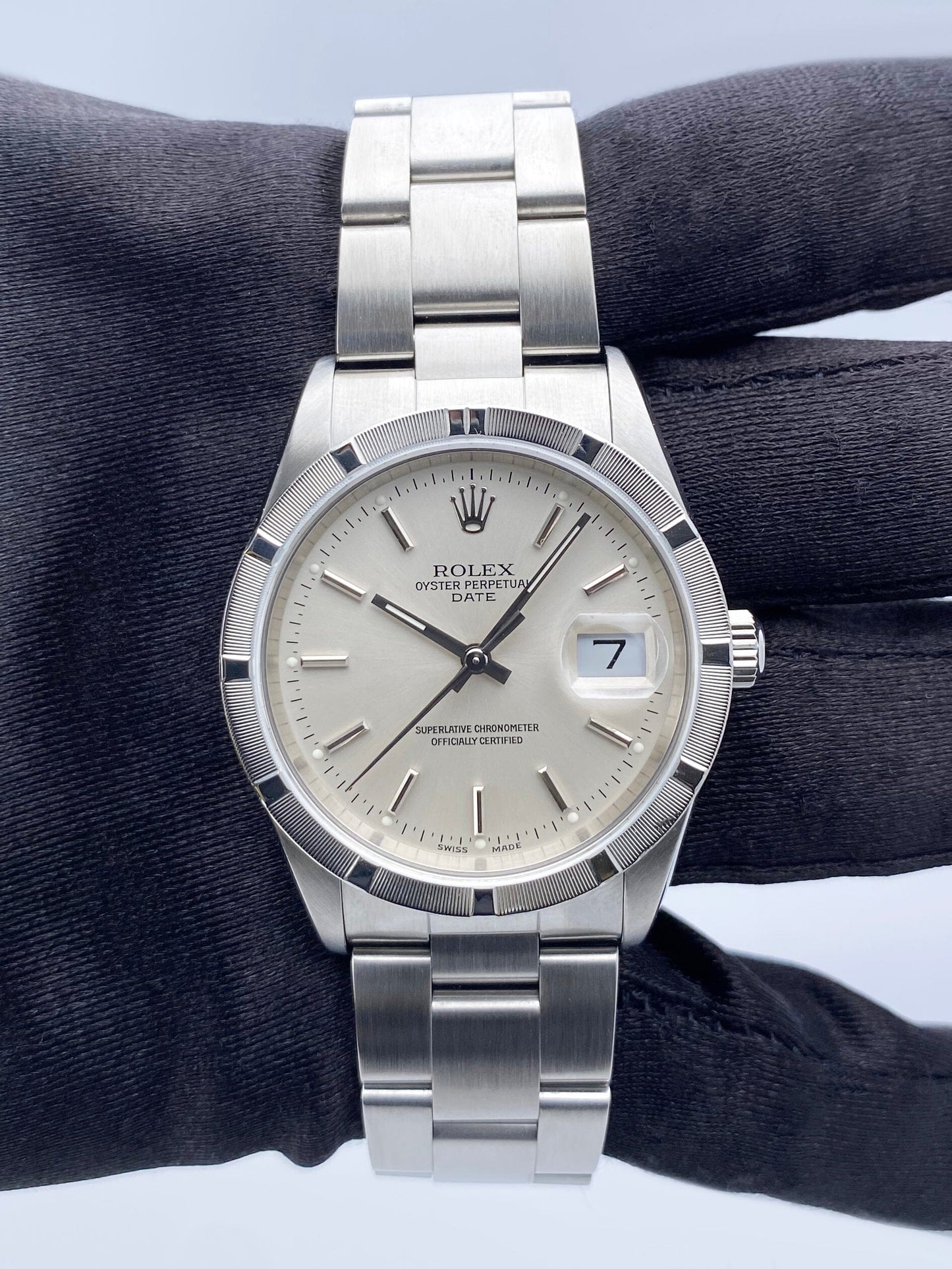 Rolex Oyster Perpetual Date 15210 Silver Dial Mens Watch Box Papers - Watches