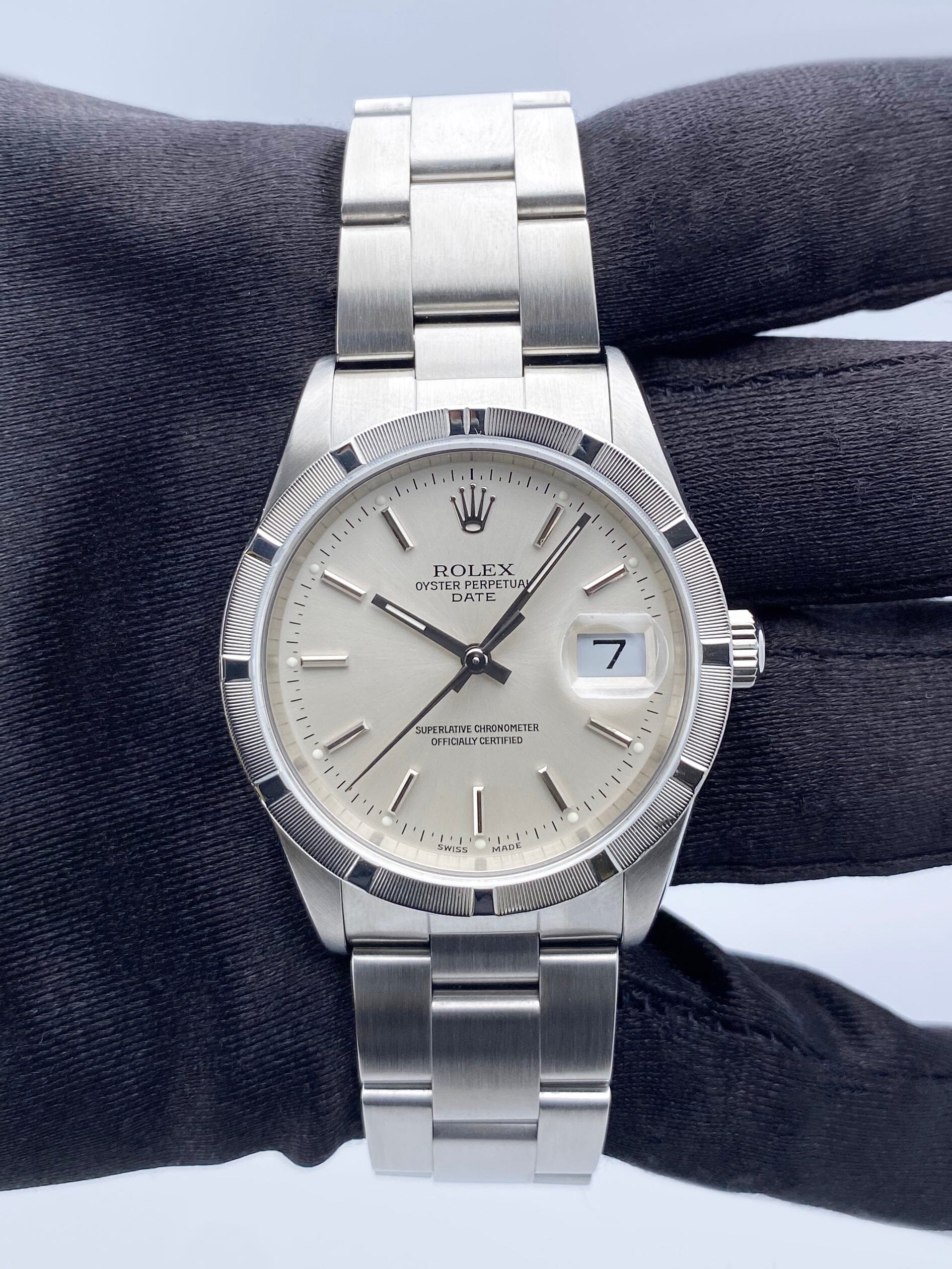 Rolex Oyster Perpetual Date 15210 Silver Dial Mens Watch Box Papers - Watches