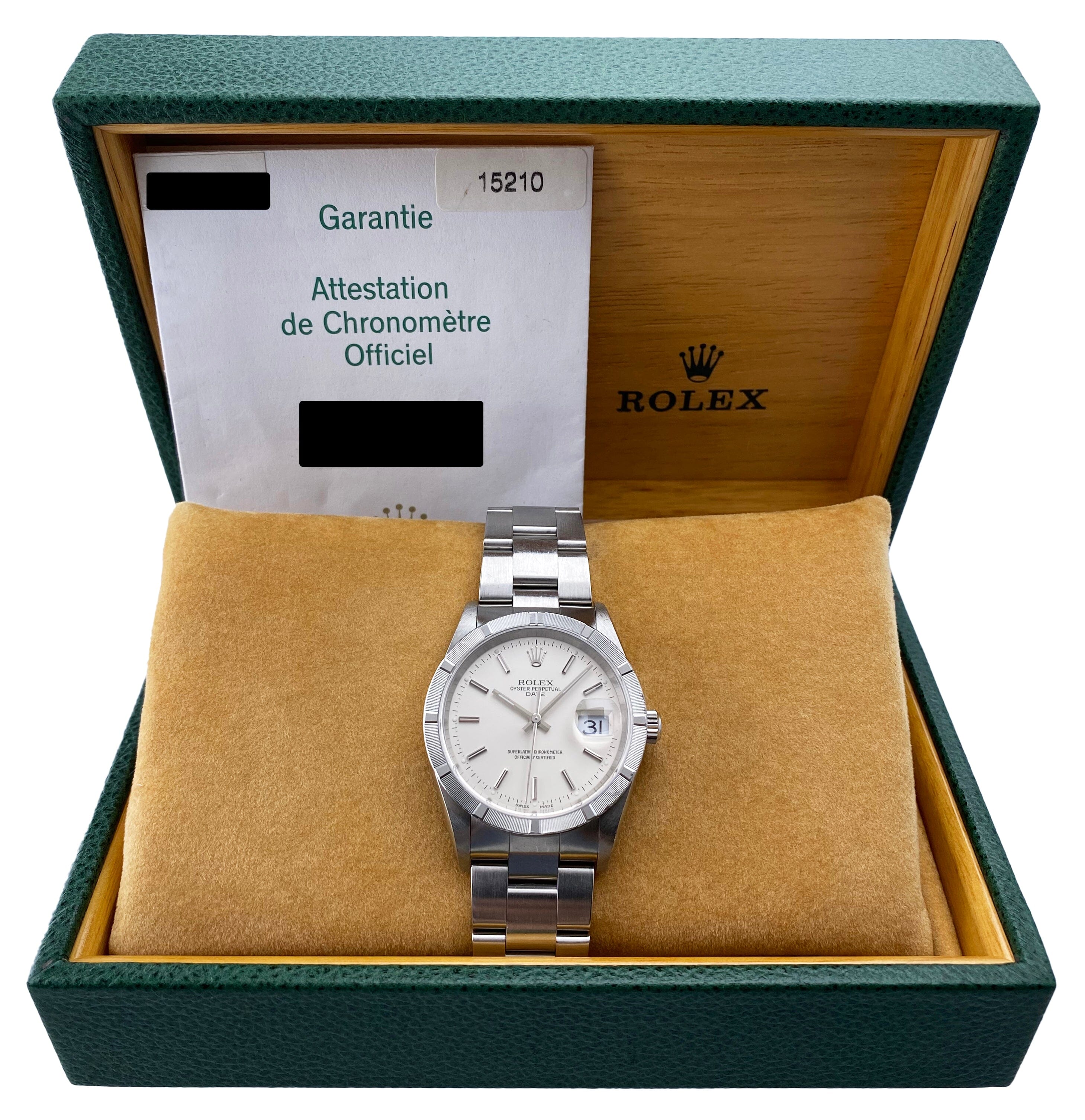 Rolex Oyster Perpetual Date 15210 Silver Dial Mens Watch Box
