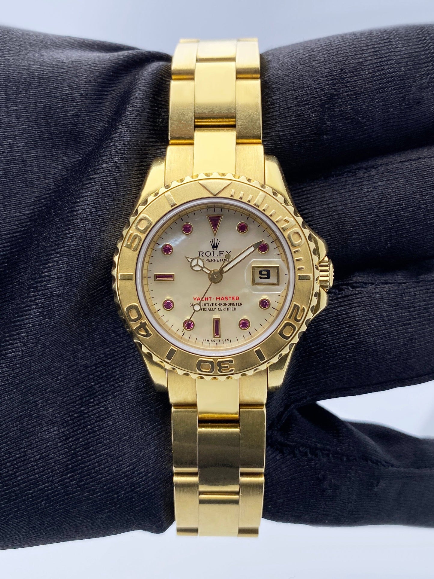 Rolex Yacht Master 69628 MOP Ruby Dial 18K Yellow Gold Watch Box Papers