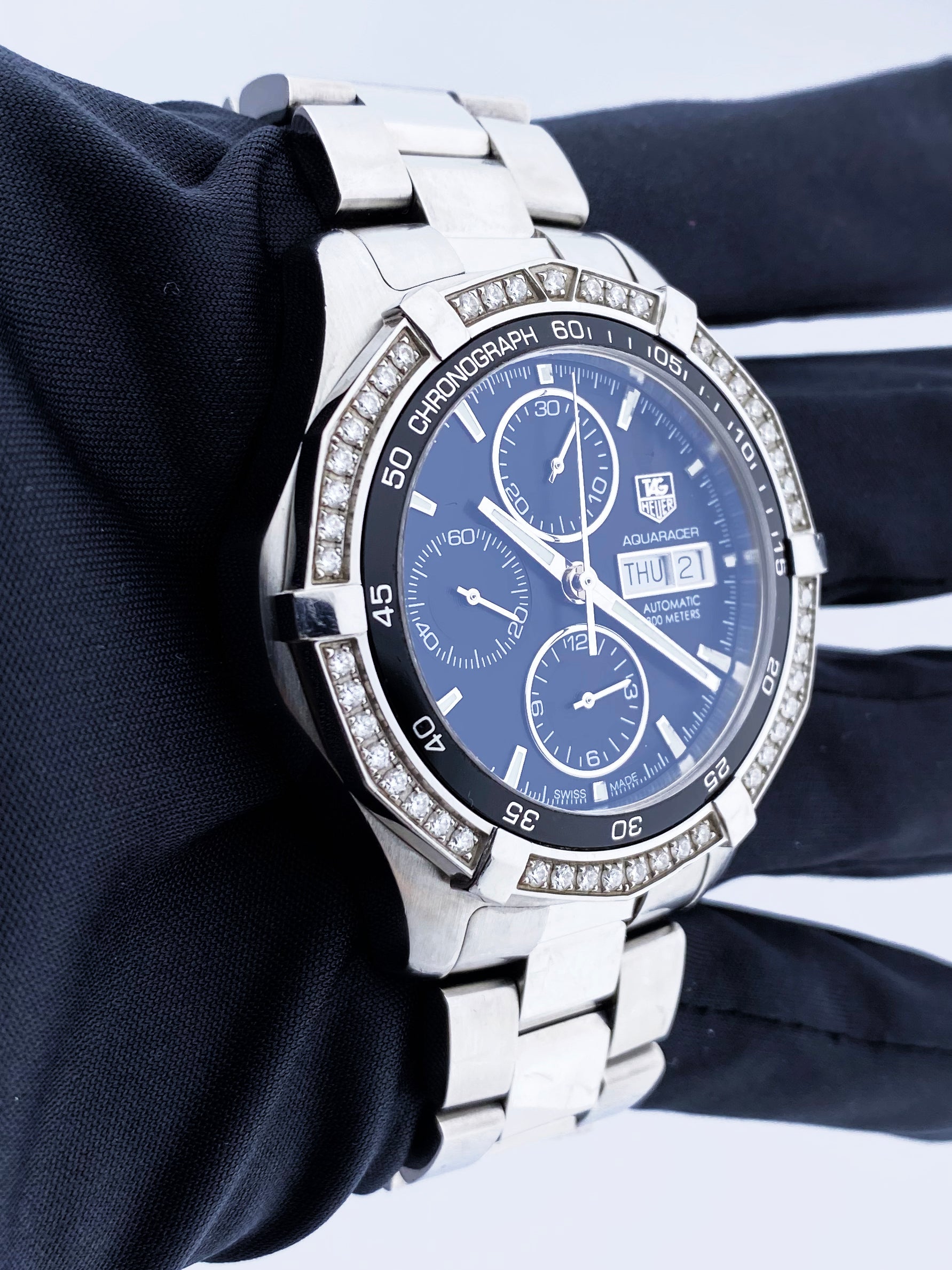 TAG Heuer Aquaracer Day-Date Diamond Bezel Mens Watch Box Papers