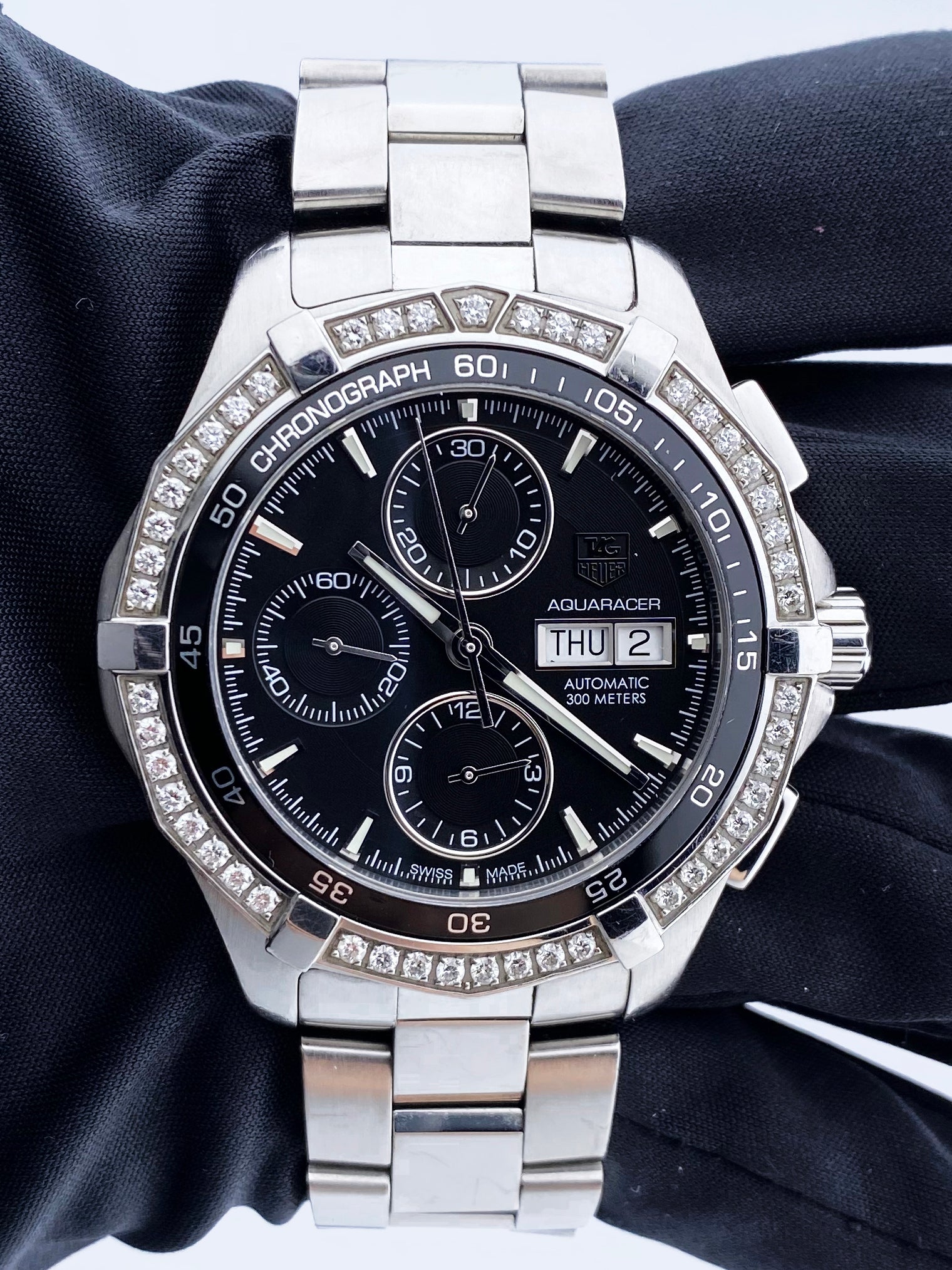 TAG Heuer Aquaracer Day Date Diamond Bezel Mens Watch Box Papers